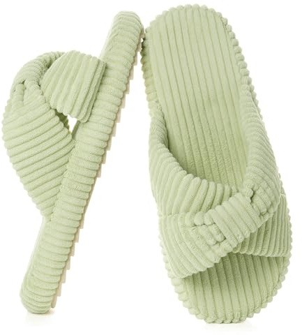 Zapatillas Mujer Cómoda Anchos Espuma de Memoria Pantuflas Casa Pana Banda Cruzada Antideslizante Punta Abierta Slippers,Verde Claro,39/40 EU