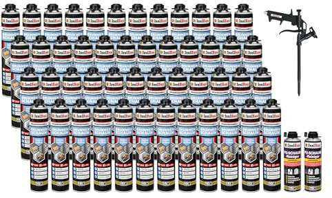 Isolbau - Brunnenschaum 1K Bauschaum Wasserdicht Aussen und Innen - 48 x Montageschaum 750 ml, 2 x PU-Schaum-Reiniger & 1 x Schaumpistole - PU-Schaum - Pistolenschaum Dämmschaum Isolierschaum