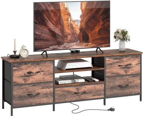 HOMCOM TV Stand with Charging Station up to 65 Inch 5 Drawers Rustic Brown | Industrial TV Unit, Open Shelves, Entertainment Center, Living Room