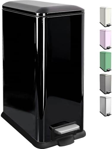 Ullege Kitchen Bin, Slim Rubbish Bin, Large Pedal Bin for Kitchen, Black | 45L Stainless Steel Pedal Bin with Soft Close Lid and Inner Bucket, Large Rubbish Bin for Kitchen, Living Room and Office