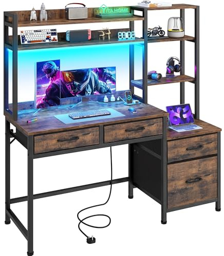 YITAHOME Bureau d'ordinateur avec tiroirs, Bureau à Domicile, Rangement et étagères, Bureau de Jeu, avec lumière LED et Prises, Bureau d'angle Marron Vintage