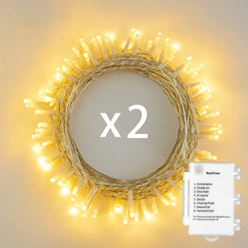 Koopower 2stk 50er LED Outdoor [Timer] Lichterkette Batteriebetrieben Warmweiß (8 Programm, 6M Durchsichtigen Kabeln, 120 Stunden Betriebsdauer, IP65 Wasserdicht, Außenbeleuchtung)