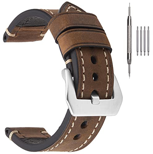 EACHE Correa de reloj para hombre de cuero genuino Crazy Horse y encerado al aceite, hecha a mano, Hebilla Marrón Oscuro-plateada, 22mm