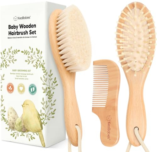 Baby Haarbürste & Baby Kamm Set - Baby Bürste mit weichen Ziegenborsten, Holz Babyhaarbürsten und Babykamm Set, Babybürste Neugeborene, Kleinkind, Säuglings Haarbürste, Wiegenkappe (Oval, Walnut)