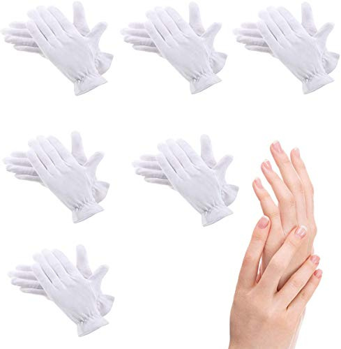 6 Pairs Moisturizing Gloves Over Night Bedtime White Cotton | Cosmetic Inspection Premium Cloth Quality | Eczema Dry Sensitive Irritated Skin Spa Therapy Secure Wristband| One Size Fits Most (6 Pairs)