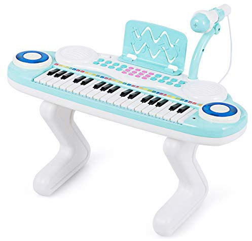 COSTWAY Tastiera Giocattolo a 37 Tasti, Pianoforte Digitale per Bambini, con Microfono Luci, Funzioni di Record e Playback, Tastiera Elettronica con 8 Ritmi e 8 Strumenti, per Ragazzi 3+Anni (Azzurro)