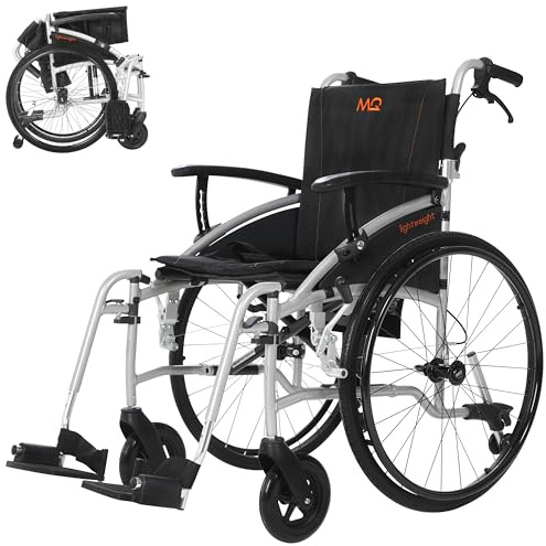 MobiQuip Lightweight Wheelchair - Self-Propelled - 12.5kg 18 Seat | Folding Wheelchair, Silver Frame, Black Seat, Quick Release 24” Sports Wheels, Adjustable Armrests, Attendant Brakes