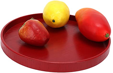 Bandeja de Servicio, Bandeja de Madera Bandeja Redonda Bandeja de Servicio Vintage para el Desayuno Bandeja de Mesa de Té Y Café para Frutas Comida de Dulces Decoración del Hogar Rojo(24cm)