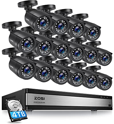 ZOSI Kit Cámaras de Vigilancia 16pcs 1080P CCTV Cámara de Seguridad Exterior con 16CH H.265+ Grabadora DVR, Visión Nocturna IR, Detección de Movimiento, 2TB Disco Duro