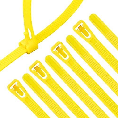 XINGO 100PCS Reusable Cable Ties Yellow, 300mm x 7.6mm, Releasable Adjustable Wire Cable Ties, Multi-Purpose Use Plastic Tie Wire for Indoor and Outdoor