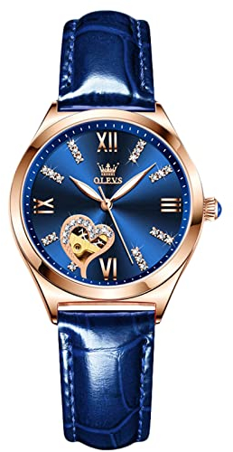 rorios Mode Damen Uhren Automatische Mechanische Uhren mit Lederband Skelett Leuchtend Damen Armbanduhren(Rosenblau)