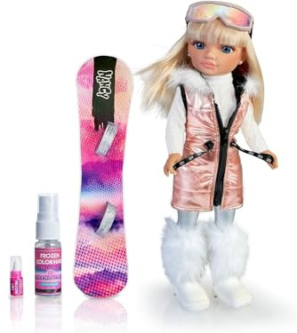 NANCY - Snow Fashion, EIN Tag im Schnee, Ski Puppe mit Snowboard und Silber Glam Outfit, mit Winterzubehör und Wintersport Accesoires, Famosa (700017338)