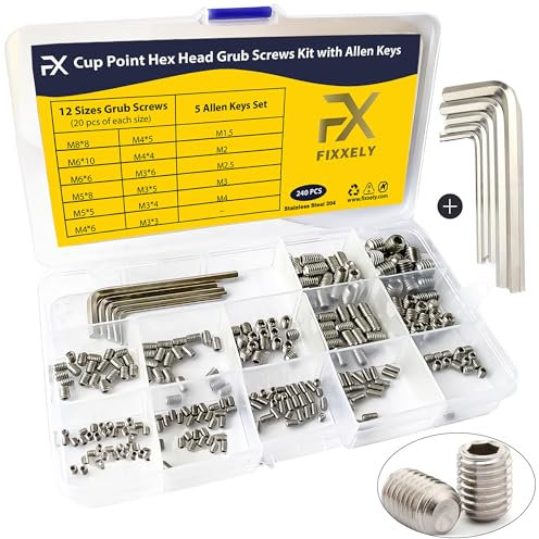 FIXXELY Grub Screws Assorted Set of 240 (M3,M4,M5,M6,M8) Cup Point & Hex Head with 5 Allen Key (M1.5,M2,M2.5,M3,M4) - 304 Stainless Steel Assorted Sizes Ideal for Door Handle, Home Repairs & Fixtures