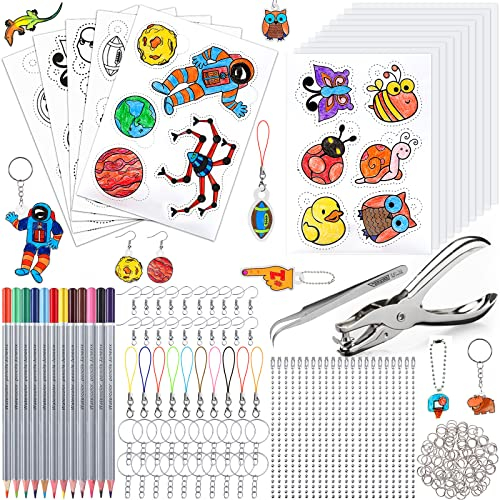 Frasheng 204 Stück Schrumpffolie Set,Schrumpffolien Set zum Basteln,Inklusiv A5 Schrumpfpapier,Schlüsselanhänger,Bleistifte,Kugelketten,Ohrhaken,Locher,Pinzette für DIY,Schrumpffolien Set für Kinder