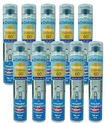 DSTOCK60 - Lot de 10 mousses expansives - 750 ml - Mousse polyuréthane professionnelle pistolable - Isole, colle et rebouche - Extérieur et intérieur