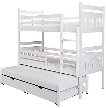 KEF Susi Etagenbett Kinder 90x180 cm - Etagenbett 3 Personen - Holz Kinderbett - für DREI Kinder - mit Schubladen - Ausziehbares Drittes Bett - mit Matratze - Weiß