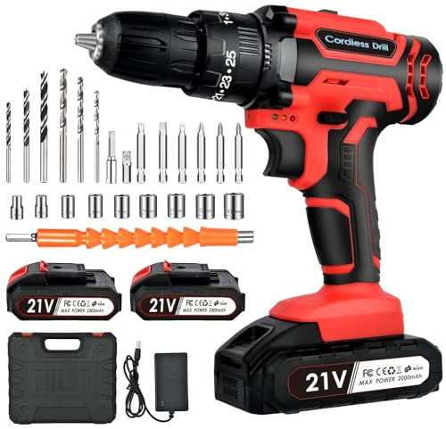 Cordless Drill Driver 21V: Powerful Cordless Drill Set with 2 Batteries 2.0Ah, 25+3 Torque, 24PCS Bits, 2 Speed, LED Light for DIY Project - 42N.m Max Electric Screwdriver Kit