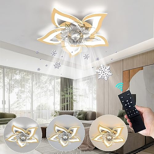 ycwdcz Ceiling Fan with Light and Remote Control Flower Shaped Chrome Ceiling Light with Fan Mute Reversible Dc Motor 6 Speed Led Dimmable Chandelier Fan for Bedroom Living Room Winter Summer-Gold