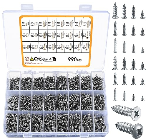 selbstschneidendes Schrauben-Sortiment-Set, M3/M4/M5/M6-Blechschrauben, Kreuzschlitz-HolzschraubenSet für Deck-Trockenbau-Betonschrauben -500 Stück Flachkopf, 490 Stück Rundkopf (Silber990)