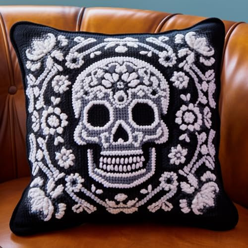 Black and White Skull DIY Latch Hook Kits Pillow with Printed Canvas Handmade Cushion Crochet Yarn Hook and Latch Kit Pillowcase Christmas Decoration 43x43cm(4)