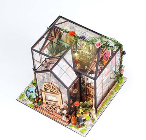 SKLL Modello di montaggio in legno 3D, modello serra Jenny con luce LED, miniatura 3D fai da te fatta a mano, kit di modellini artistici per bambini e adulti, ornamento creativo