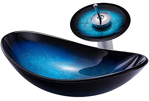 ZYLDDS Vasque Salle De Bain,Vasque à Poser Rectangulaire en Verre Trempé Lavabo Lave-Mains éVier pour Salle De Bain WC avec Robinet Cascade, Bleu