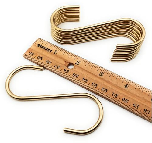 DaylyFav S Hooks, 7 Pack, Solid Copper Brass S Shaped Hooks, Gold S Hooks for Hanging Jeans Bags Purse, Pots Mugs Hanger, Kitchen Rod Rack Dorm Closet Traval Space-Saving Hooks