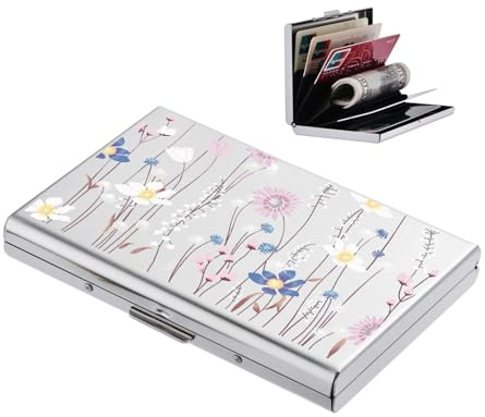 BONSYL® Kreditkartenetui aus Metall, RFID Blockierendes Edelstahl Kartenetui, Ultradünne Metall Geldbörse mit 6 Kartenfächern für Damen Herren. (6 Karten/Silber/Blume)