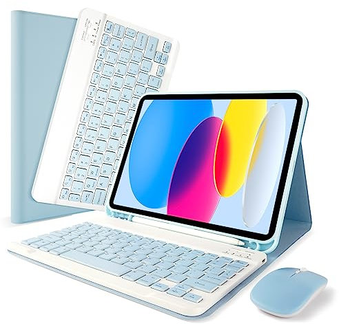 LAMA Custodia per Tastiera con Mouse per iPad 10a Generazione 11 2022 (A2696/A2757/A2777), Custodia Protettiva Sottile con Custodia per Tastiera Bluetooth Wireless Staccabile e Mouse e Portamatite