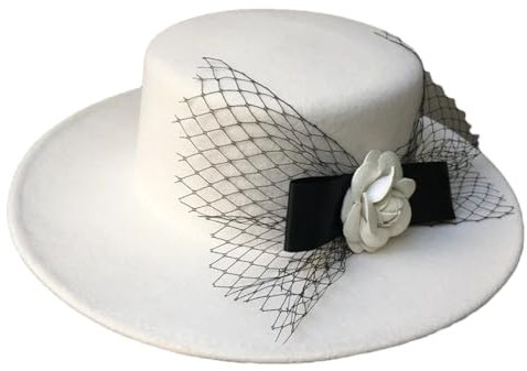 Yeuyyben Damenhut mit breiter Krempe, Wolle, Fascinator, Fedora-Hut, Blumenschleife, Schleier, flache Oberseite, Winter, Kirche, Hochzeit, Party, weiß, Einheitsgröße