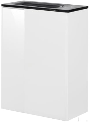 FACKELMANN Kara Gäste-WC Set 2 Teile – Waschtischunterschrank mit Glasfront in Weiß mit Waschbecken aus Glas in Anthrazit – SBC Waschbeckenunterschrank schmal – Türanschlag rechts – 45 cm breit