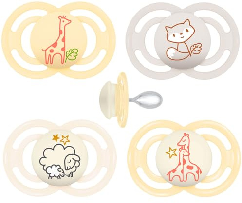 MAM Perfect Day & Night Schnuller 16+ M (4er Pack) pastel inkl. Transport- und Sterilisationsbox, Sauger aus MAM SkinSoft Silikon, Baby Schnuller ab 16 Monate, 4 Stück