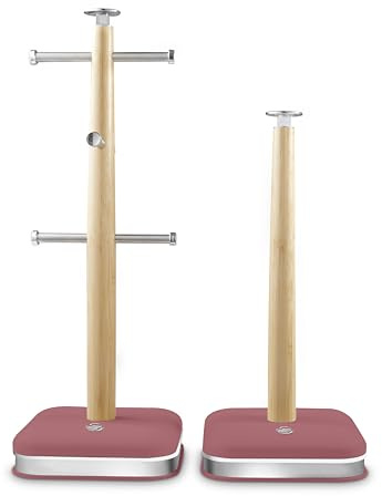 Swan Nordic SWKA18525FUS Towel Pole and 6 Cup Mug Tree Set with Soft Touch Finish, Stainless Steel Accents and Non-Slip Acacia Wood Bases, Fuchsia Rose