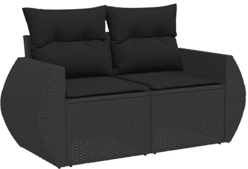 HETFTJN Eckbank Balkon Gartensofa Mini Couch Mini Lounge - Gartensofa mit Kissen 2-Sitzer Schwarz Poly Rattan für Garten Speisesaal Terrasse Schwimmbad