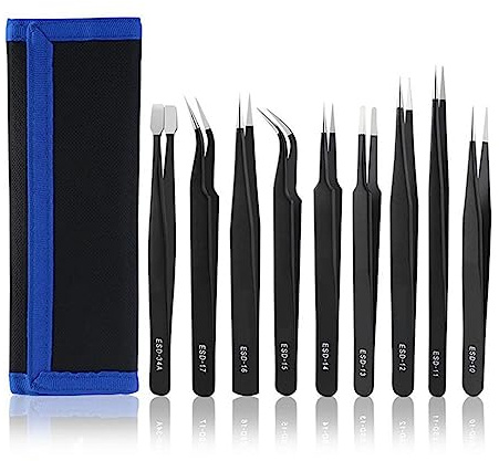 Ausla Pinzas de precisión antiestáticas 9 piezas | Acero inoxidable, reparación electrónica, recubrimiento negro, bolsa de herramientas