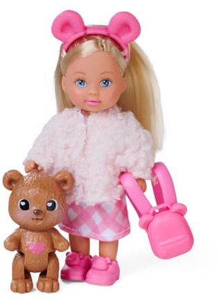 Simba Evi Love Teddy, Spielpuppe mit Einer Flauschigen Jacke, mit Bärenhaarreif, Schuhe, Rucksack und Teddy, 12cm, ab 3 Jahren