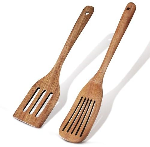 UICCVOKK 2 espátulas de madera para cocinar, espátula de madera, espátula ranurada de madera plana, espátulas de wok de cocina para mezclar freír pescado, espátula de huevo, volteador de cocina