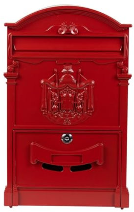 Boîte aux lettres vintage verrouillable en métal avec grande capacité pour une utilisation en extérieur - Boîte aux lettres murale pour la sécurité du courrier (Lambda rouge mat)