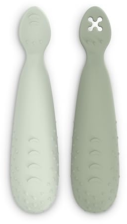 Suavinex, Confezione da 2 Cucchiai Pre-Apprendimento, in Silicone BLW, con Manico Antiscivolo e Punta Piatta Testurizzata, ergonomici, Simmetrica, Lavabili in Lavastoviglie, +6 Mesi, Verde, 2 Unità