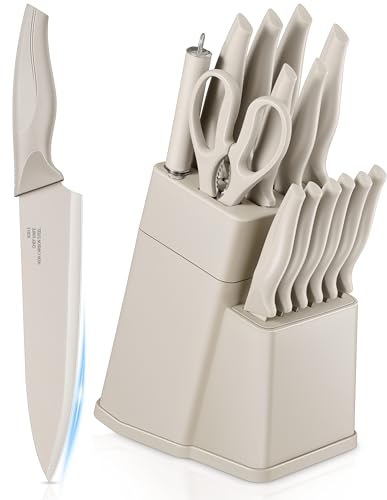 Homikit Messerblock Set, 15-tlg Edelstahl Messer Küchenmesser mit Wetzstahl, Messerblock mit Messerset & Kochmesser für Küchen Schneiden Zerhacken, 6 Steakmesser, Rutschfester Griff, Rostfrei, Khaki