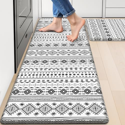 StepRite Kitchen Mats for Floor, Kitchen Rugs Sets of 2, Non-Slip Washable Kitchen Decor Rugs, Anti Fatigue Mats for Kitchen Floor, Sink, Office, Laundry, 17.3×30+17.3×47, Black and White