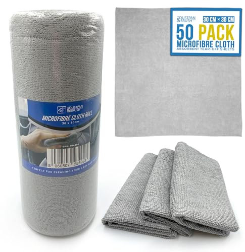 Microfibre Cloth Roll - Pack of 50, Easy Tear-Off Design, Lint Free Cloth, Super Absorbent, Very Soft Cleaning Cloths for Home, Kitchen, Office, Electronics, Car Cleaning - 30cm x 30cm