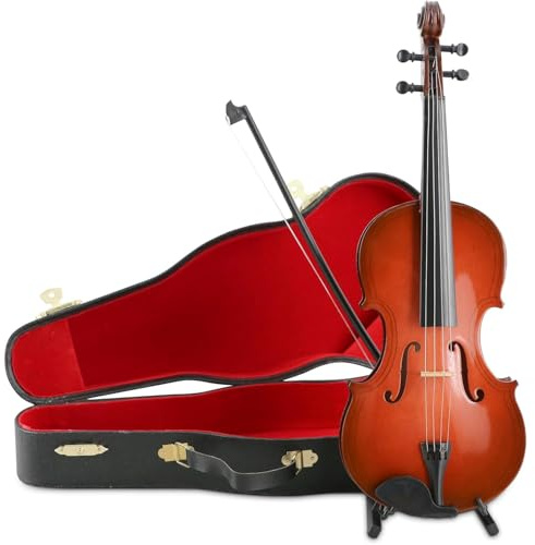 Ticfox Modèle de violon miniature, Mini Violon en Bois, Miniature d'instrument de musique avec support à archet et étui noir pour décoration d'intérieur d'anniversaire