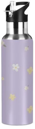 Woltant Bouteille d'eau isotherme en acier inoxydable avec paille - Motif petites fleurs - Violet - 600 ml - Pour le travail, les voyages, la salle de sport