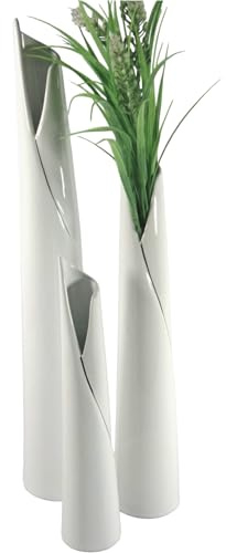 Vasen 3er Set - Keramik Vase Weiß, Modern, Minimalistisch - Deko Vasen für Pampasgras und Blumen, Handgefertigte Blumenvase, 30-50cm hoch