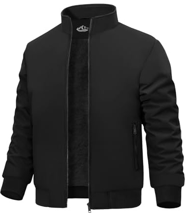 Xnova Winter Bomberjacke Herren Warm Gefütterter Pilotenjacke Wasserdicht Fleecejacke Fliegerjacke College Jacke Übergangsjacke mit Reißverschlusstaschen Stehkragen Mäntel, Schwarz, XL