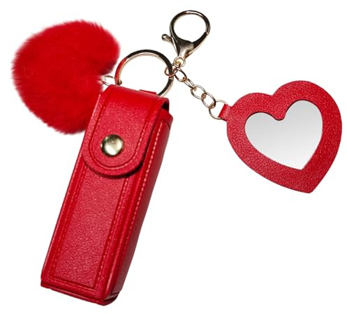 Xirlivpc Chapstick Holder Keychain, 2pcs Lipstick Case with Mirror, Lipgloss Case for Girls Birthday Gift, Leather Key Holder (Red)