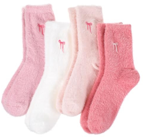 Abeillo Lot de 4 paires de chaussettes douillettes pour femme - Chaussettes d'hiver douces et moelleuses - Polaire corail - Chaussettes chaudes - Nœud mignon - Chaussettes confortables pour l'hiver, b