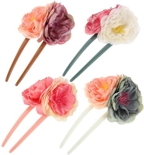 OUNONA Lot de 4 épingles à cheveux en forme de U pour mariée, accessoires pour chignon, roses artificielles, pour mariage, bal de promo, fête, femmes, filles, mariées, demoiselles d'honneur