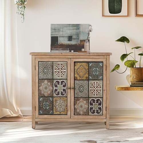 ALPHA HOME Sideboard mit 2 Türen und 1 Regalboden, Aufbewahrungsschrank | Küchenschrank im Landhaus-Boho-Stil mit Massivholzrahmen für Wohnzimmer, Flur und Küche, 36D x 89W x 84H cm